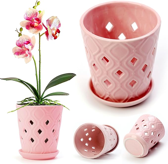 Whispering Winds Ceramic 5 x 6 Inch Orchid Pot with Holes & Saucer for Aeration and Drainage - Decorative Orchid Pots for Repotting, Prevent Over Watering & Root Rot (Cavern Pink)