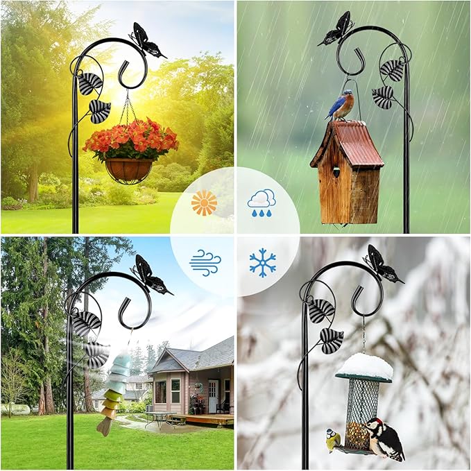 Shepherds Hooks for Outdoor Hummingbird Bird Feeder Pole Hanger 49 Inches with 5 Prongs Base Stainless Metal Adjustable Garden Hanging Holder Weddings Garden Decor Butterfly 1-Pack