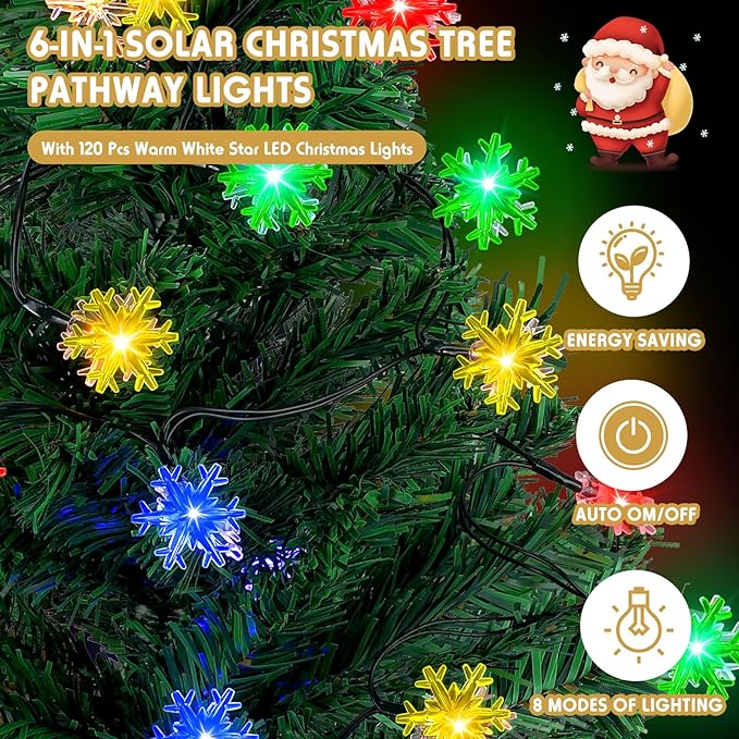 Retisee 6 Pack Solar Christmas Tree Pathway Lights Decorations Outdoor LED Snowflake Lights 8 Modes Prelit Small Christmas Tree Waterproof Solar Stake Lights for Garden, Yard, Lawn, Cemetery