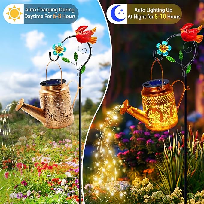 Solar Lights Outdoor Garden Decor, Cardinals Hanging Waterproof Watering Can Lights Outside Decorations for Yard Front Porch Patio Backyard Gift for Mom Grandma Women Birthday （with Shepherd Hook）