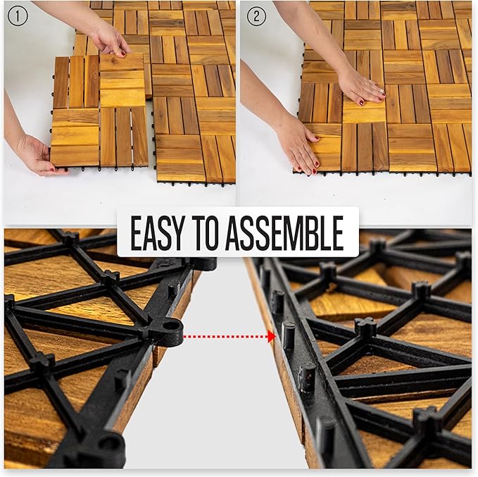 Pack of 10 Deck Tiles - 12"x12" Interlocking Natural Solid Acacia Wood for Outdoor & Indoor, Patio Garden, Balcony, Poolside - Golden Teak Color