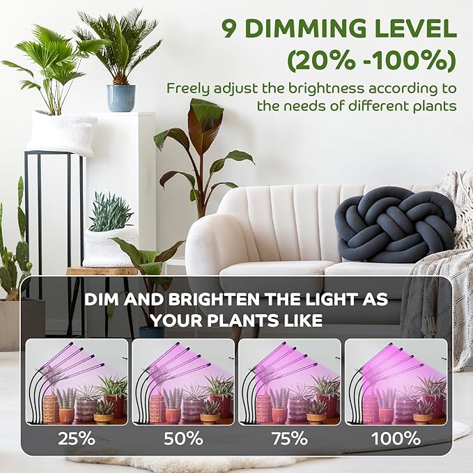 Shyineyou Grow Lights for Indoor Plants Full Spectrum, 80 LEDs Plant Light for Indoor Plants with 3/9/12H Timer, 4 Heads Clip On Plant Grow Light with 3 Modes, 20%-100%