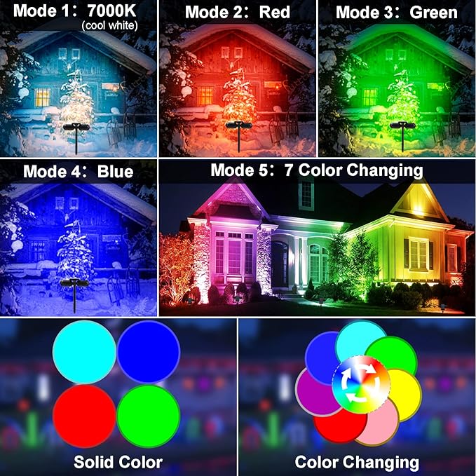 EMANER Solar Outdoor Spot Lights, RGB Solid Color+Multicolor Changing, Solar Spotlight Keep On, Dusk to Dawn Pathway Stake Light Waterproof for Christmas Halloween Outside Tree Garden Decor, 2Pack