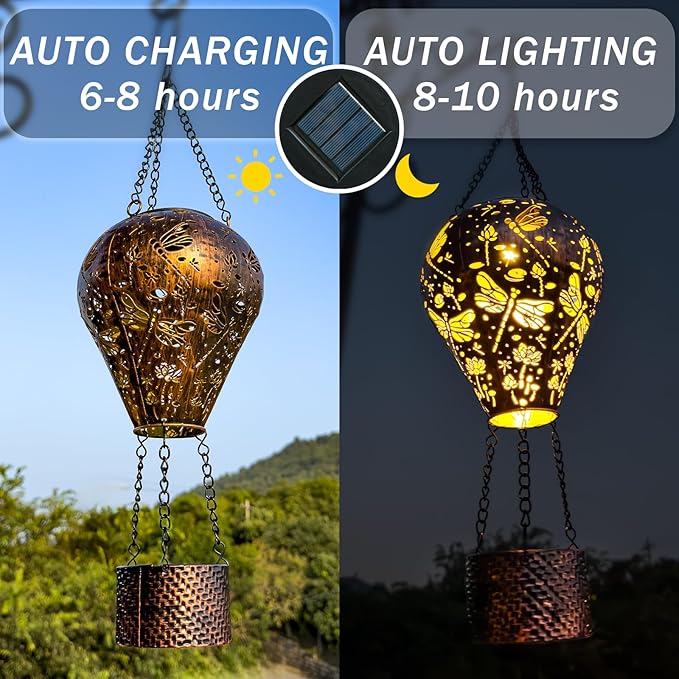 4-Pack Dragonfly Decor Hot Air Balloon Solar Lantern – Outdoor Decorative Hanging Light for Garden Yard Patio Porch Lawn and Pathway – Unique Housewarming, Birthday Gift for Women Mom Grandma