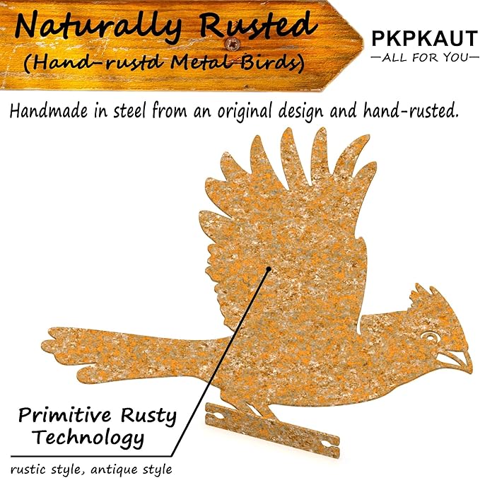5Pcs Metal Birds Cardinal Craft Statue Ornaments Fence Topper Decor, Rusty Birds Metal Art for Fence Decorations Outdoor, Metal Bird Silhouette with Rusty Yard Art