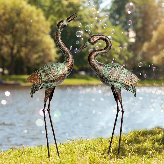 Shorayn Garden Crane Statues, Blue Heron Sculptures for Outdoor, Cranes Decor Metal Bird, Patina Garden Art Lawn Ornaments for Yard Patio Porch Outside Decorations
