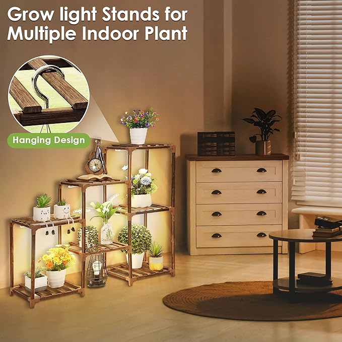 Plant Stand with Grow Lights Indoor, 7 Tiers Shape Plant Shelf with Light Full Spectrum Led Grow Light, Timer Function and Brightness Adjustment, Wood Plant Stand Indoor for Corner Living Room