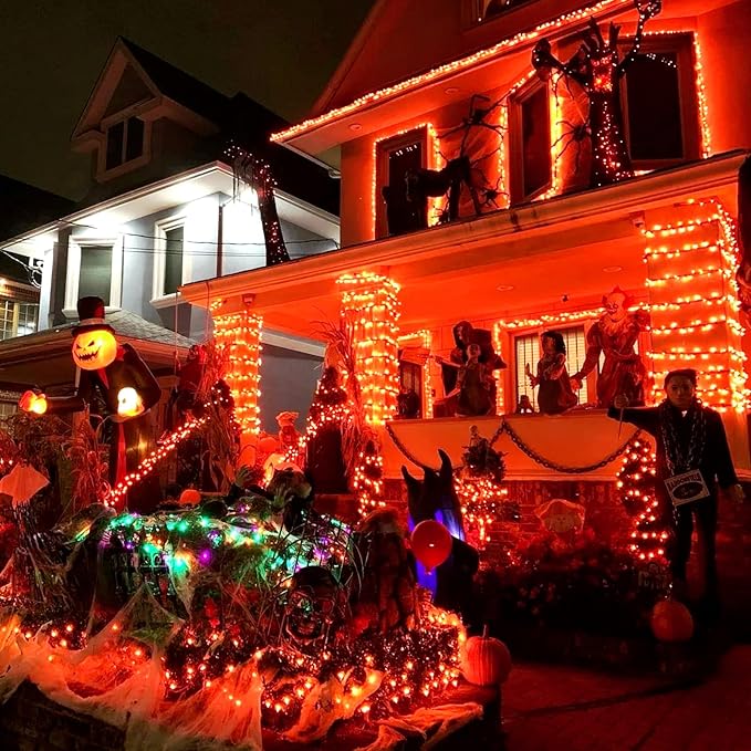 Orange Halloween Lights, 2 Pack Each 75.5Ft 200 LED Orange String Lights Outdoor, 8 Modes Solar Orange Lights for Thanksgiving Yard Tree Fall Christmas Halloween Decoration