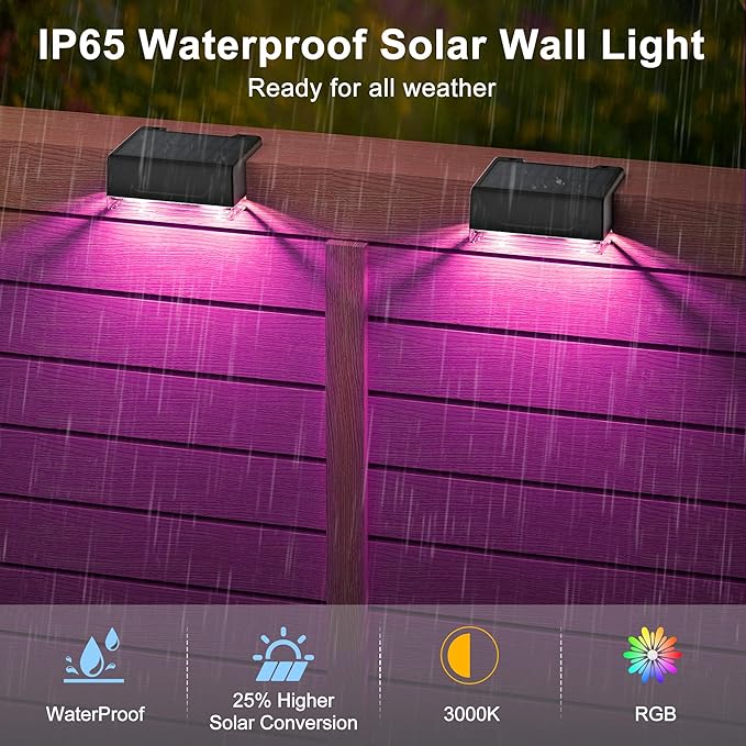 Ellasay Solar Fence Lights Outdoor: IP65 Waterproof RGB Solar Powered with 8 Lighting Modes - Wall Decor for Garden Deck Patio Backyard Balcony 6 Pack