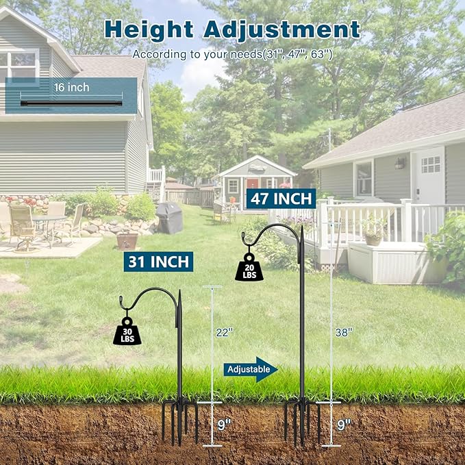 Gtongoko Adjustable 47 inch Shepherds Hooks for Outdoor Bird Feeder with 5 Prongs, Bird Feeder Pole Garden Hooks for Hanging Lanterns, Plants Baskets, Hummingbird Feeders, 2 Pack
