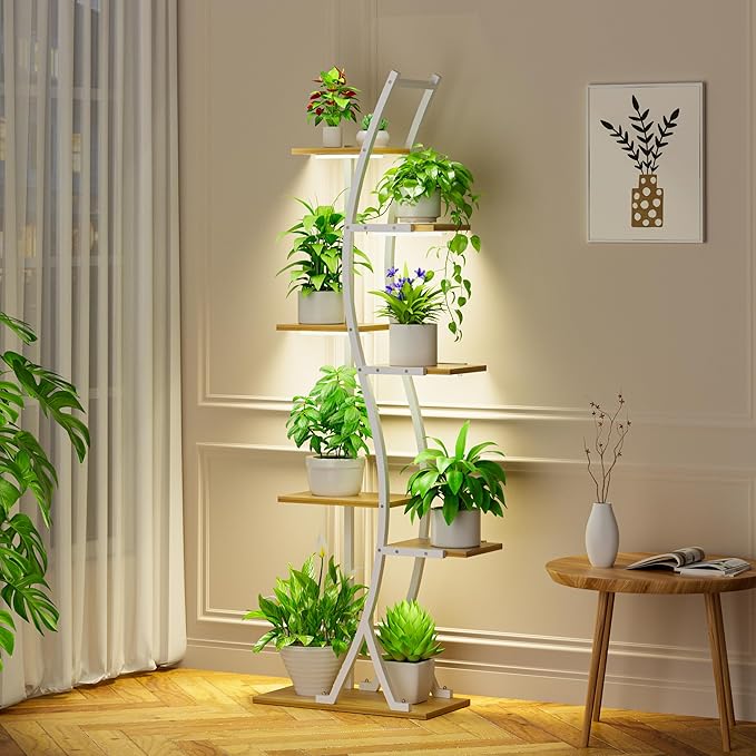 62" Tall Plant Stand with Grow Light Indoor, 7 Tiered White Plant Shelf for Indoor Plants, Curved Corner Flower Stand Display Rack Holder for Living Room, Patio, Balcony Decor