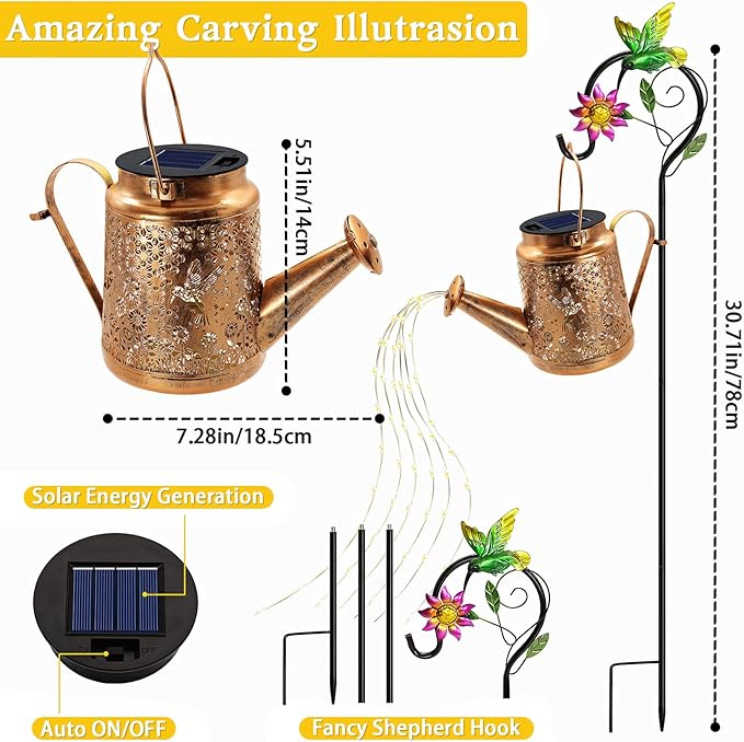 Solar Watering Can Lights, Hummingbird Hanging Lanterns Outdoor, Gardening Gifts for Mom Women Grandma Birthday, Waterproof Solar Lights Garden Decor for Outside Yard Art Patio Porch Lawn Backyard