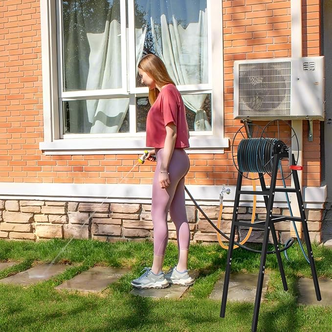 Freestanding Garden Hose Reel Holds 150 Ft Hose, Metal Garden Hose Holder for Outdoor, Garden Stand Rack for Water Pipe Organizer Storage, Black