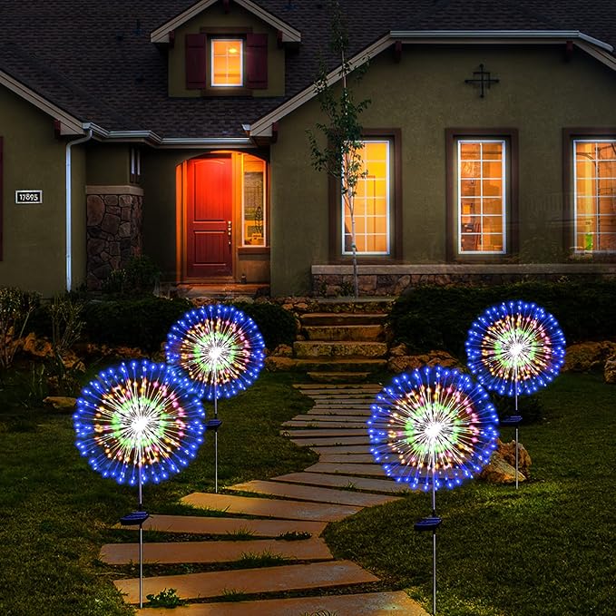 Solar Garden Firework Lights Outdoor Waterproof 2 Pack Solar Powered Art Stake Twinkle Lighting Outside Solar Lights Upgrad 180 LED Sparklers Lights for Yard Party Decorations (Colorful)