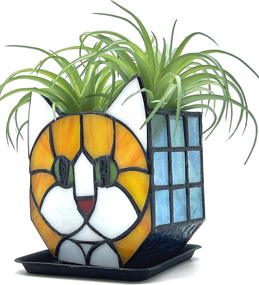 Tiffany Style Orange Cat Stained Glass Flower Pots,Indoor Plant Display, Orange Cat Small Pots for Plants, Gift for Cat Lovers,4.6x5.15x2.3 in （Excluding Plants）