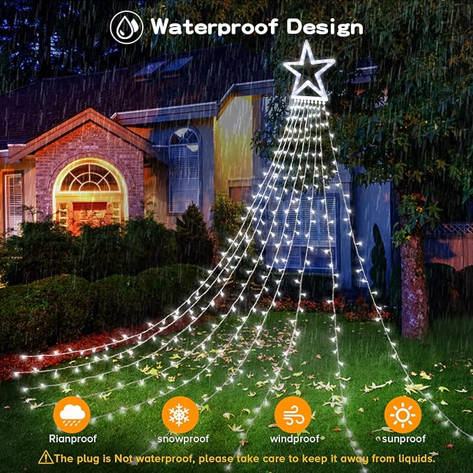BlcTec Outdoor 317 LED Waterfall Tree Lights, 9 Strands with Timer - 8 Modes, Waterproof Christmas Lights for Garden, Patio, Yard Decor - Cool White