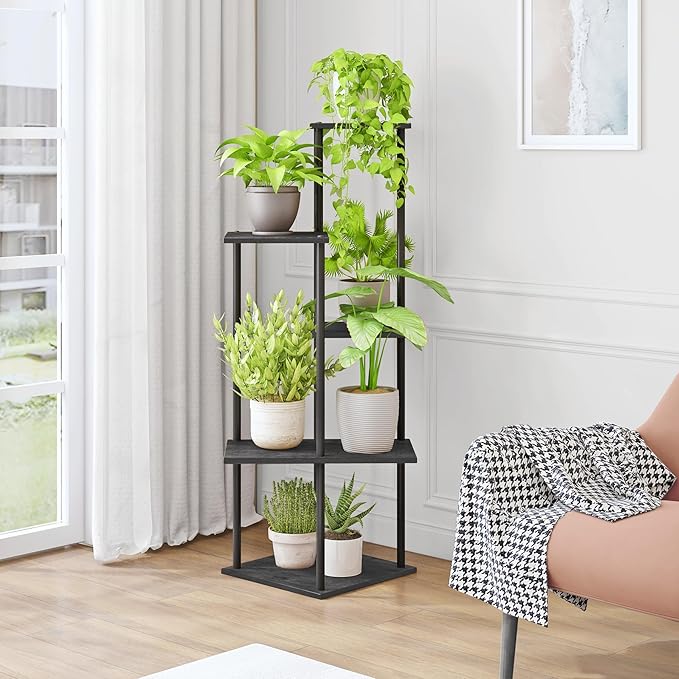 Plant Stand Indoor 5-Tier Metal Wood Plant Shelf for Multiple Flower Pots Corner Tall Flower Holders for Living Room Balcony Bedroom, Black
