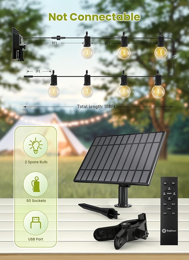 Brightown String Lights Outdoor Waterproof with Remote Cable Ties, 108FT G40 Patio Lights with 50 LED Shatterproof E12 Bulbs, 3 Light Modes, Dimmable Hanging Lights for Backyard Party Decor