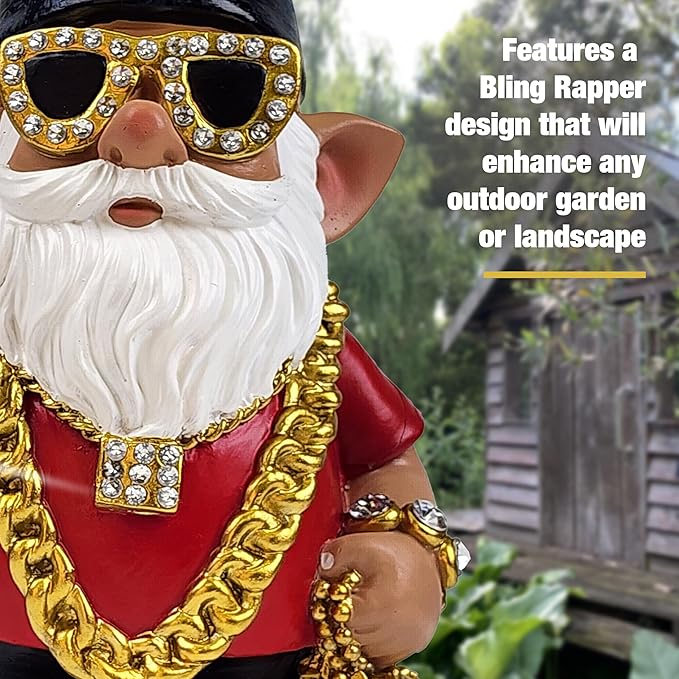 Better Office Products Garden Gnome Statue, 12" Height, Handcrafted Waterproof, UV-Resistant Polyresin Lawn Patio Porch Ornament Decoration (Bling Rapper with Solar Light)