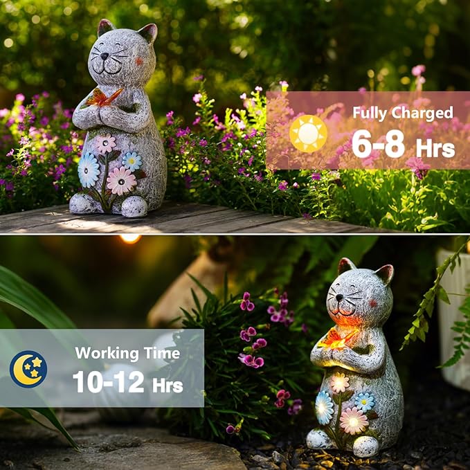 Solar Retro Cat Statue Outdoor - Resin Garden Outside Decorations with Butterfly for Patio,Balcony,Yard,Birthday Gardening Gifts for Women Mom