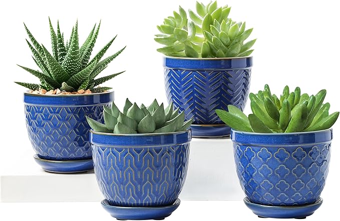 Sureasy Ceramic Plant Pots, 4.7 Inch Flower Pots for Indoor Plants, Succulent Pots with Saucer and Drainage Hole, Decorative Planter for Succulent, Cactus, Set of 4, Blue