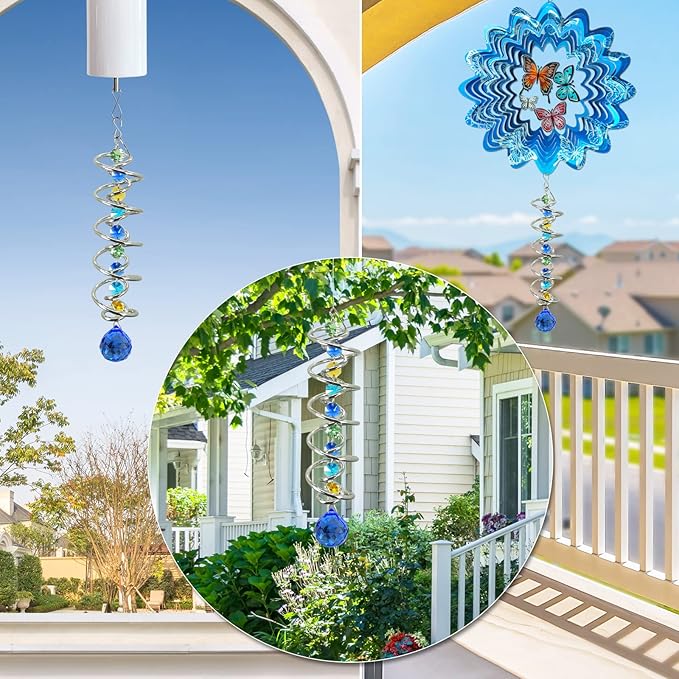 FONMY Gazing Ball Spiral Tail -Decorative Wind Spinner Sun Catcher Rainbow Maker Double-Spiral W/Sea Blue Crystal Ball and Chain Crystals for Indoor Outdoor Garden Decoration -14 inch Height