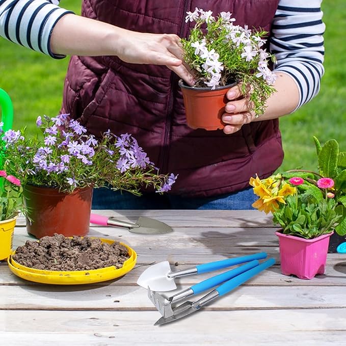 Mini Gardening Tools, 3Pcs Stainless Succulent Tools Kit Shovel Rake Trowel, 2 Colors Hand Shovel for Gardening for Indoor Small Plants, Succulents, Potted Plants, Bonsai (Blue)
