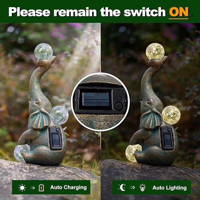MININOVA Garden Decor Outdoor Statues Elephant with Cracked Glass Balls, Cute Solar Figurine for Patio, Lawn, Yard Art Ornament Decorations (15 LED Lights)