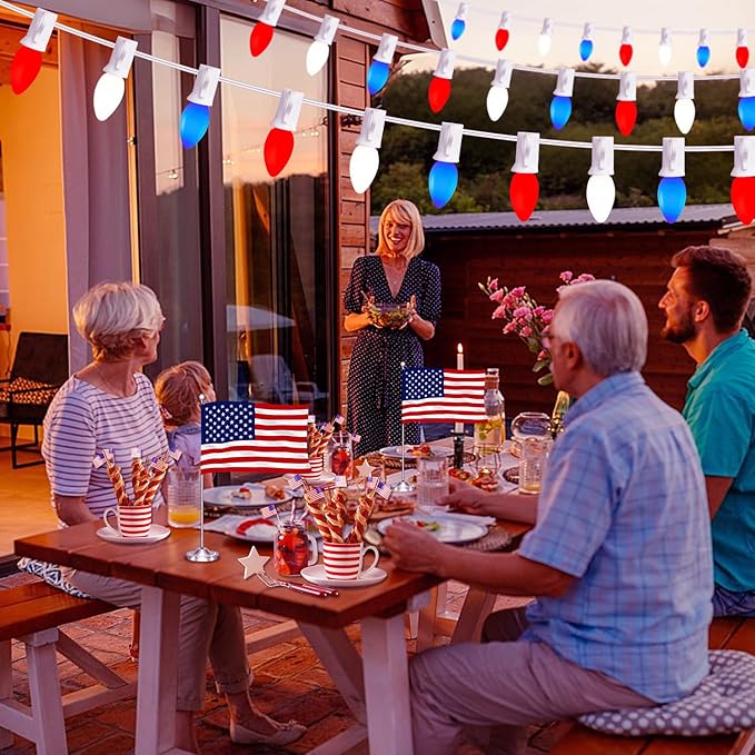 45.6 FT 4th of July Decorations Lights Outdoor, C7 LED Red White and Blue Lights String with 46 Bulbs(6 Spare), Patriotic Decor Light for Memorial Day Independence Day Patio Garden Backyard Bistro