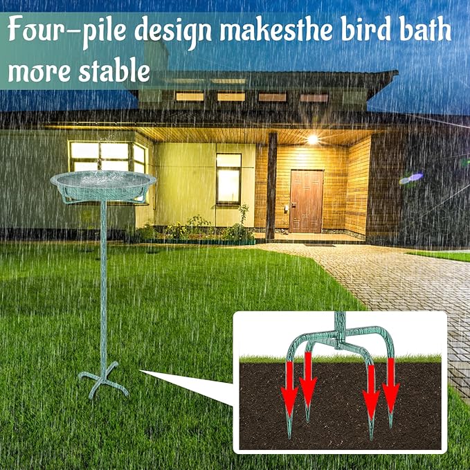 Metal Bird Bath for Outside, 36.2" Height Birdbath Bowl Standing Bird Feeders for Outdoors with 4 Prongs Base Stake, Freestanding Birdfeeders for Garden Yard Lawn Decor (Retro Green)