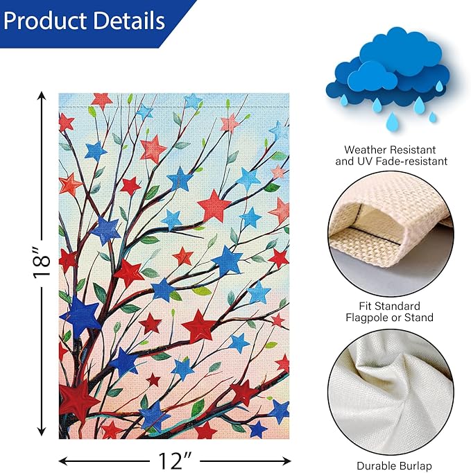 Louise Maelys 4th of July Garden Flag Patriotic Five-pointed Stras Tree Independence Day 12x18 Inch Welcome Double Sided Stars and Stripes Small Burlap Yard Sign Outside Outdoor House Decor