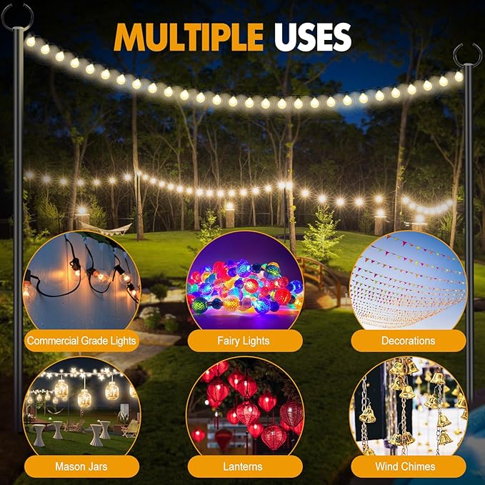 String Lights Poles Outdoor 10.3FT, 2 Pack 2 in 1 Upgraded Metal Light Poles for Hanging String Lights, Outside Lighting Stand with Hooks for Wedding, Parties, Deck, Garden, Fence Decor