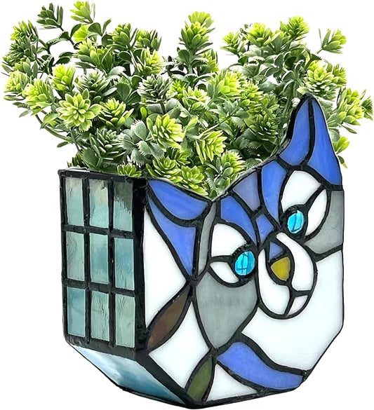 Purple Cat Flower Pot,Cute Pots for Plants,Small Plant Pot with Unique Cat Face Design,Tiltable Cat Terrarium Decoration,4.6x3x5.15 in(Excluding Plants)