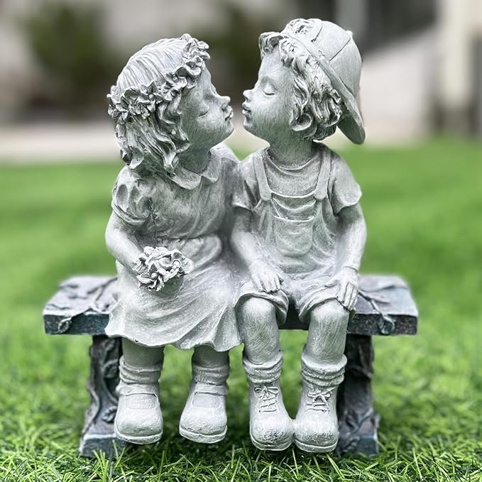 Elenon Garden First Kiss Outdoor Statue Decorative, Flower Bed Decor Boy and Girl Garden Statues, Couple Puppy Love Garden Sculpture for Yard Patio Art Decoration