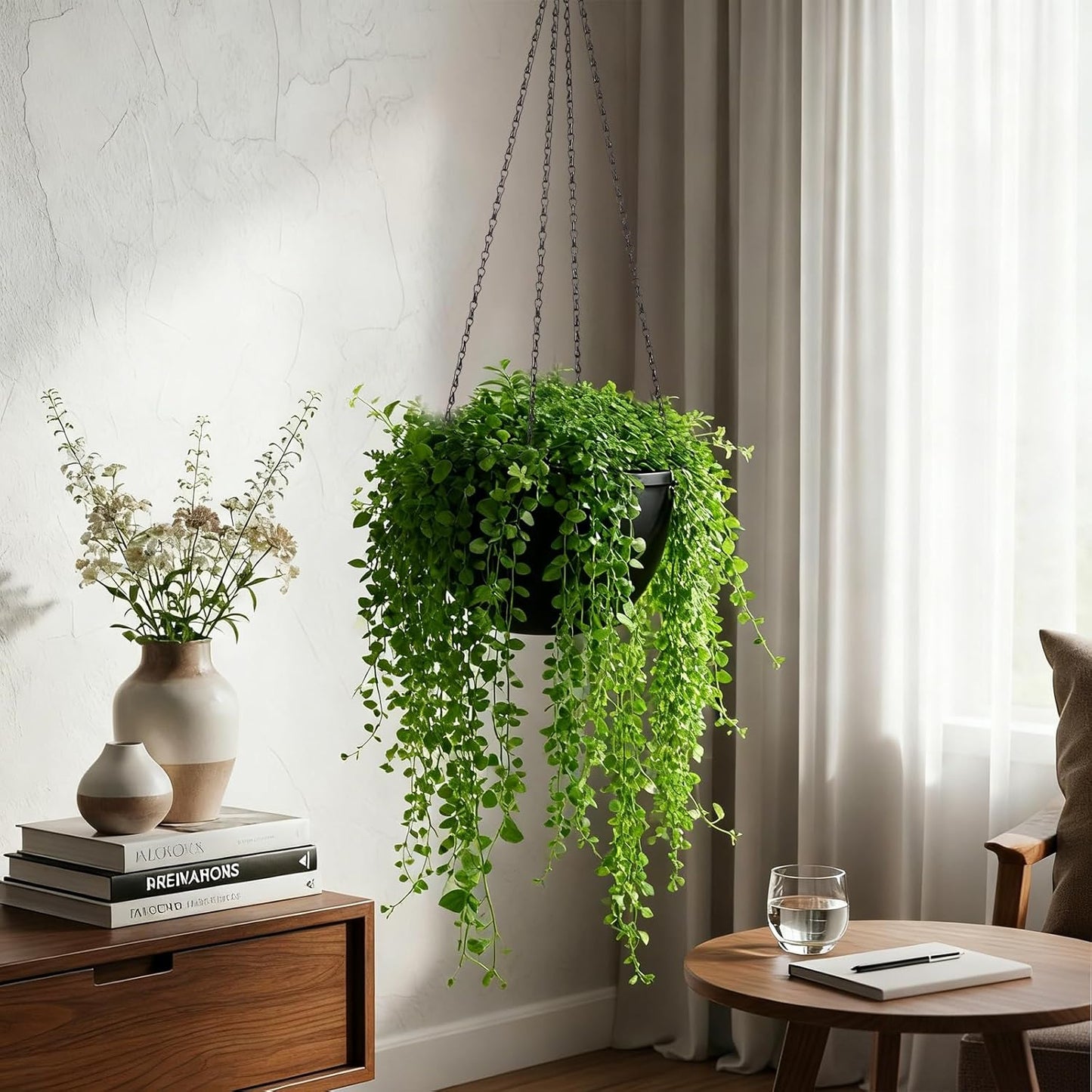 10 Inch Recycled Based Composite Hanging Planters for Indoor Outdoor Plants with Drainage Holes and Chain Round Hanging Flower Pot Planter for Garden Home Porch Decor, Black