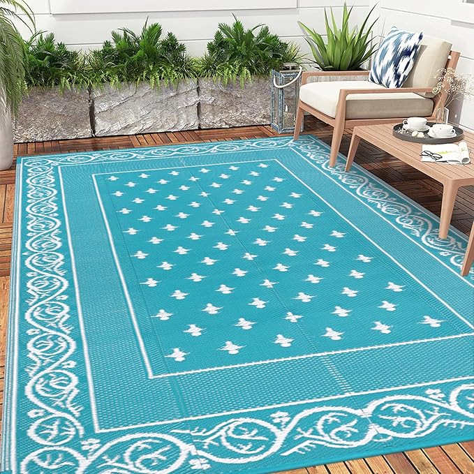 Pauwer Waterproof Outdoor Rug 8x10, Reversible Plastic Straw Patio Camping Rug, Indoor Outdoor RV Mat Carpet for Deck, Camper, Porch, Balcony, Backyard, Picnic, Bordered Teal