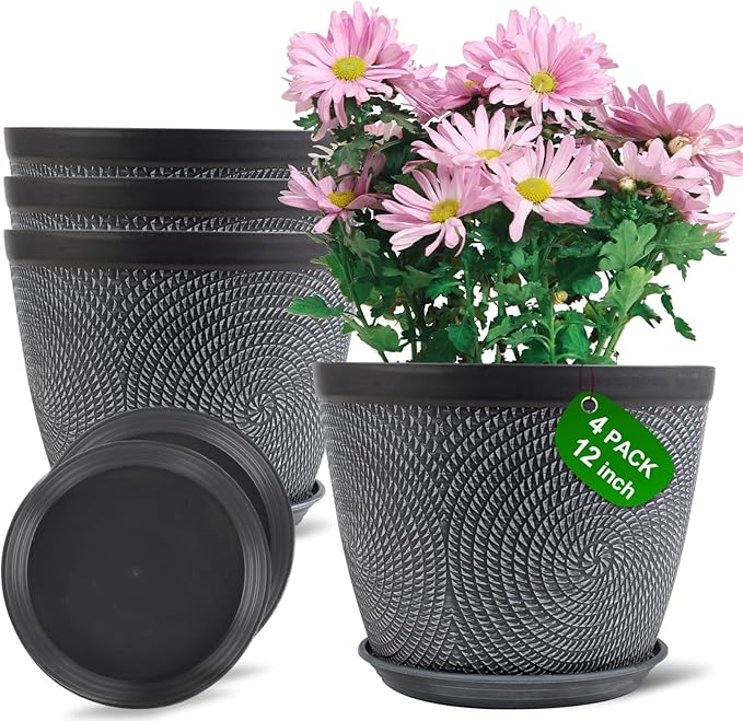 Quarut Large 12 Inch Plant Pot for Plants Outdoor Indoor, 4 Pack Plastic Flower Pots with Drainage Hole & Saucer, Modern Decorative Garden Pot with Saucer, Plant Container for House（Gray）