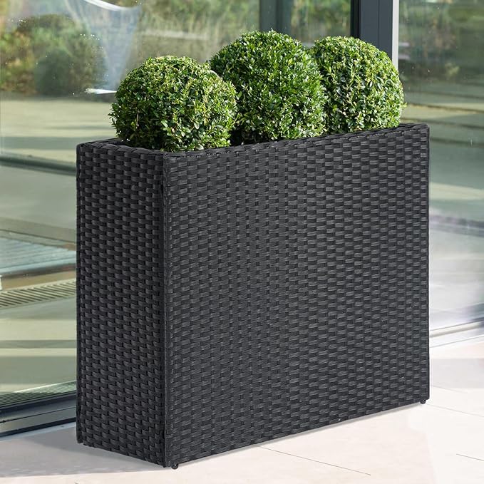 LEWIS&WAYNE Large Rectangular Block Planter Box Handmade Wicker Tall Planters for Outdoor Plants with Removable Liners Modern Planter for Indoor Outdoor Patio Deck - Black, 32''x11''x24''