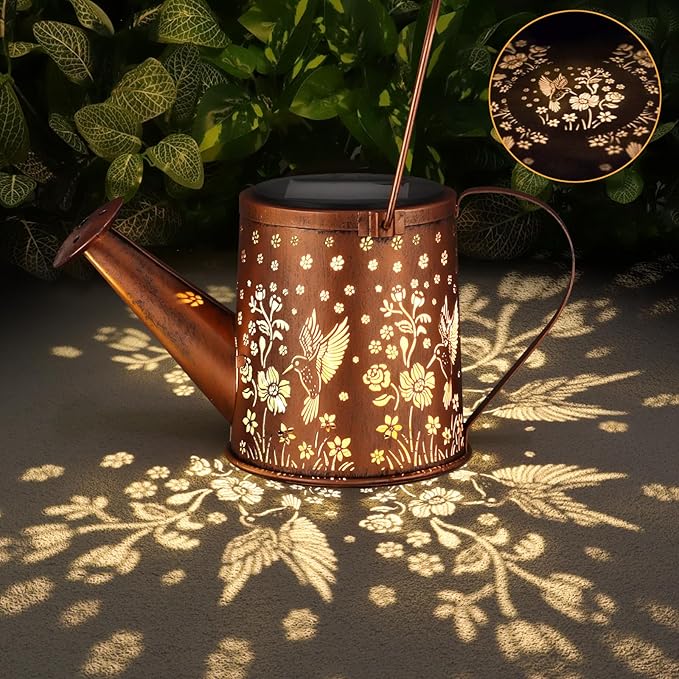 Outdoor Hanging Solar Lantern Waterproof Set Outside Metal Sprinkler Openwork Hummingbird Landscape Lights for Garden Yard Patio Pathway Decor Birthday Gifts for Women Mom Grandma -with Floor Pole