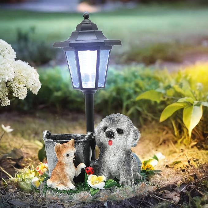 Solar Garden Outdoor Decor Statues Cat and Dog Playing Insect with Light,Outside-Outdoor Decorations Sculptures for Patio Yard Lawn Walkway Ornaments Clearance Gifts for Mom Grandma Birthday