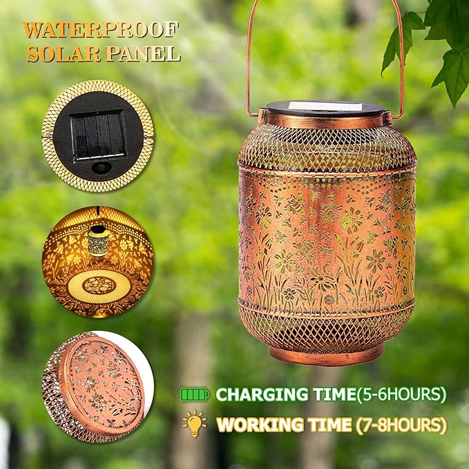 Solar Lanterns Outdoor Waterproof, Bee Garden Decor Hanging Lights, Metal Solar Lantern for Yard, Patio, Lawn, Pathway, Birthday & Gardening Gifts for Women, Mom, Grandma