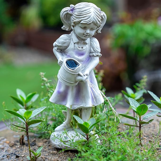 Solar Garden Decor Girl Statue Lawn Ornaments with Solar Watering Can for Outside Yard Porch Patio Balcony Decor Outdoor Gardening Gifts for Women Moms