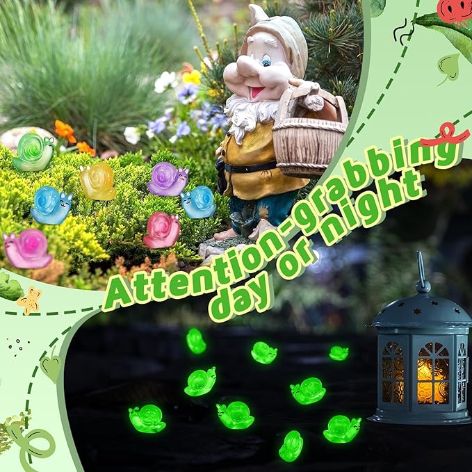 90 Pcs Luminous Resin Snail Miniatures Mini Animals Figures Cute Snail Figurine Fairy Decor Animal Ornament for Garden Landscape Home Accessories Craft Cake Decoration DIY