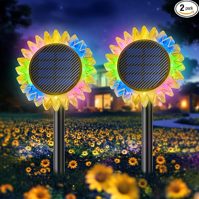 Solar Garden Lights - Upgraded Solar Sunflower Light, Ground/Wall 2 In 1, Outdoor Lights Waterproof IP67,Garden Yard Patio Backyard Pathway Landscape Fence Wall Decoration, Multicolor(2 Pack)