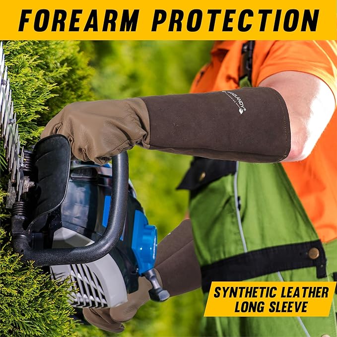 HANDLANDY Long Gardening Gloves for Men & Women, Cowhide Leather Rose Pruning Gloves- Breathable & Durable Gauntlet Glove (Medium, Brown)