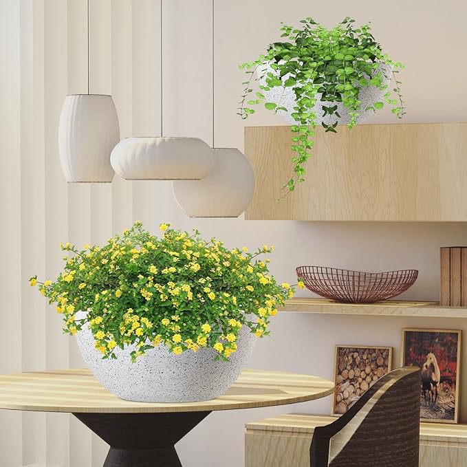 WOUSIWER 13 inch 2Pack Large Hanging Planters for Outdoor Indoor Plants with Drainage Holes and Chain, Round Hanging Flower Pots for Garden Home Porch Decor, White Speckles