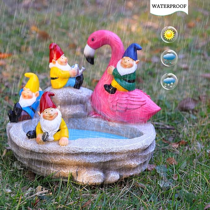 Garden Gnomes Statue Outdoor Gnome Decor Solar Gnome Statues Decoration for Lawn Yard Balcony Patio,Funny Gnome Riding Flamingo Figurine Mom Gift