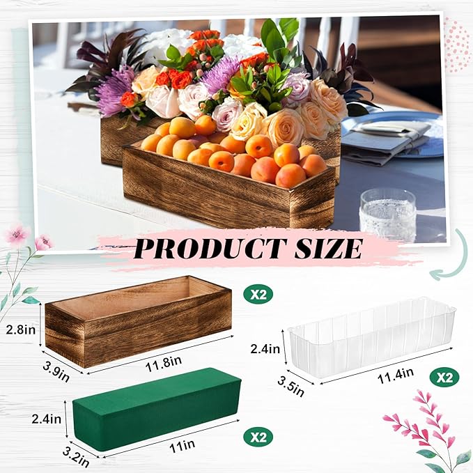 Dandat 2 Set Wood Boxes for Centerpieces Rectangle Wooden Planter Box Rustic Wood Planter with Removable Plastic Liner Floral Foam Blocks for Centerpieces Home Wedding Garden Decor (12x4 Inch)
