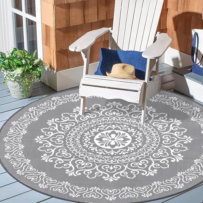 Pauwer Waterproof Outdoor Rug 8ft, Reversible Plastic Straw Patio Camping Rug, Indoor Outdoor RV Mat Carpet for Deck, Camper, Porch, Balcony, Backyard, Picnic, Floral Grey