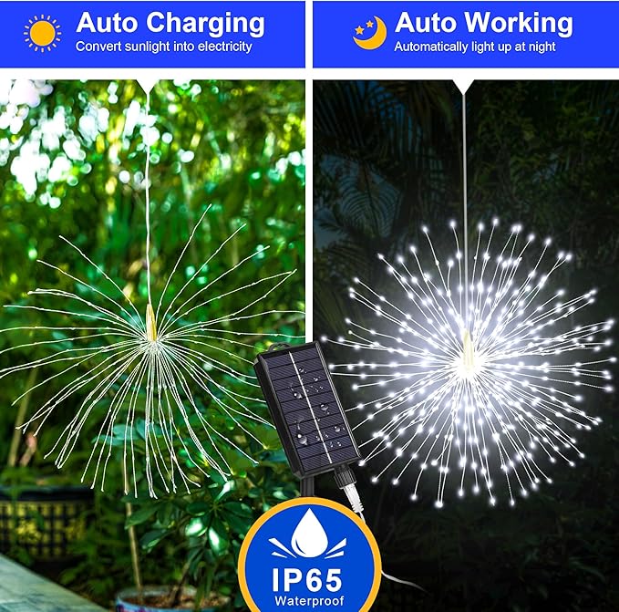 Solar Firework Lights Outdoor, 600 LED Starburst Light Outdoor with USB Rechargerable, 8 Modes Waterproof Solar Hanging Lights for Gazebo Yard Party Wedding Decorations(White, 600 LED)